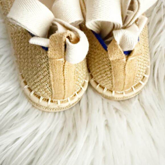 ROTHY'S | The Espadrille Gold Stripe Ballet Ankle Lace Wrap Tie Ivory | Size 9 - Picture 5 of 9